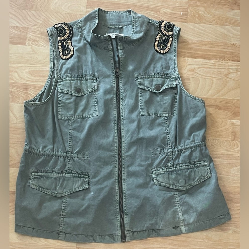Ruff Hewn zip up olive green zip up woman’s vest with beading on shoulders XL